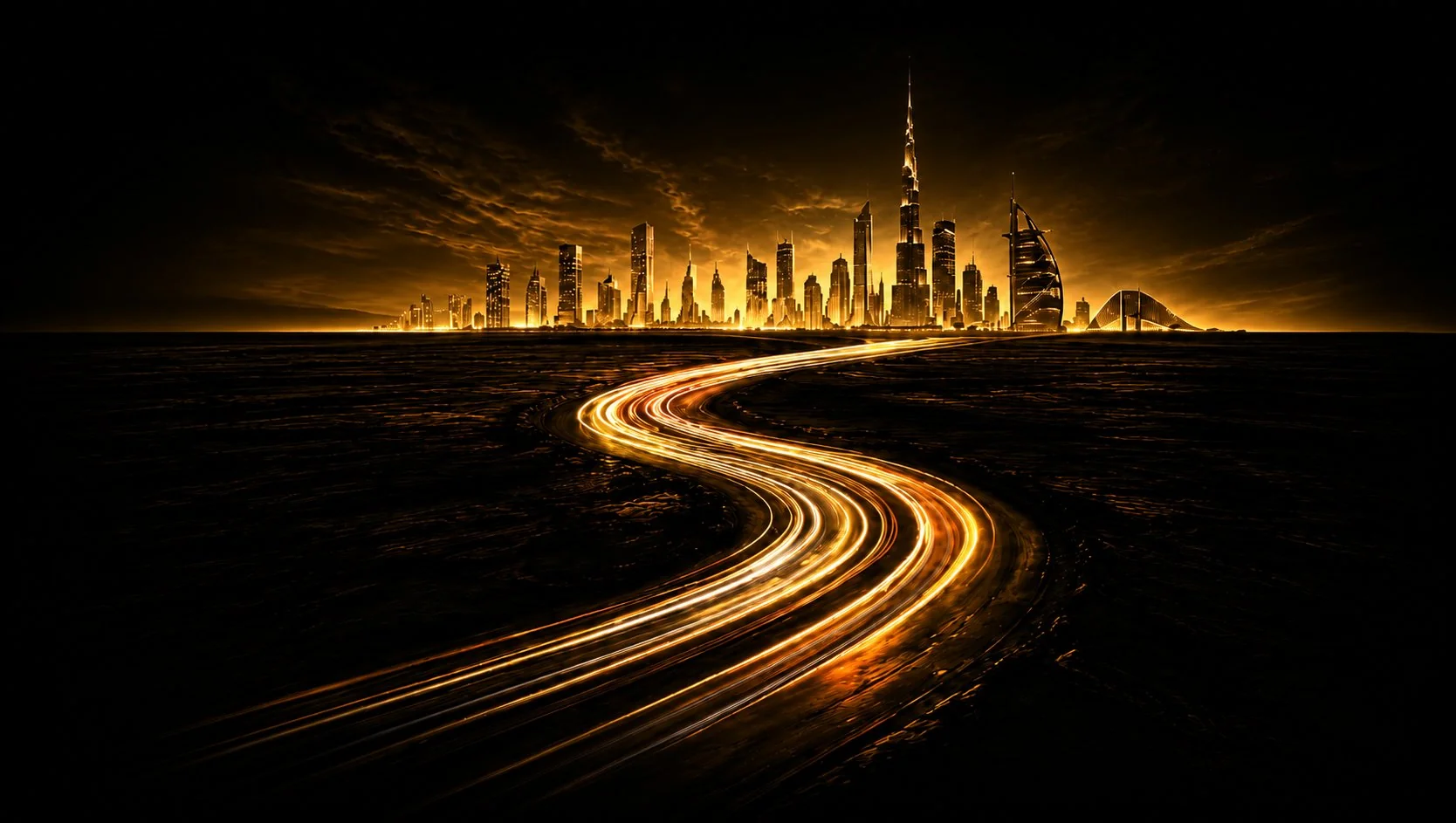 Sublimes Drive — golden light trails forming an S toward the Dubai skyline